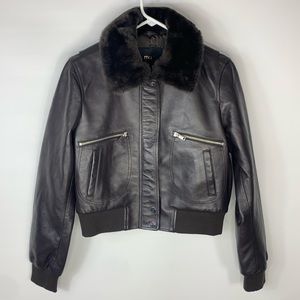Maje Womens Leather Jacket Brown Zip Up Pockets Faux Fur Collar Snap 40 New